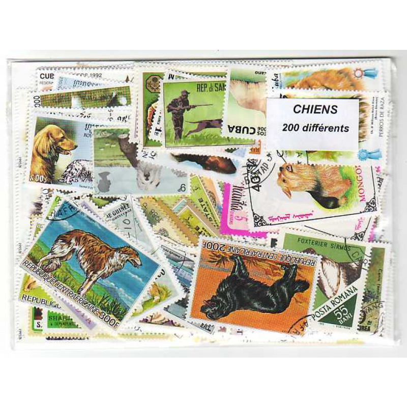 200 Dogs all different Stamps